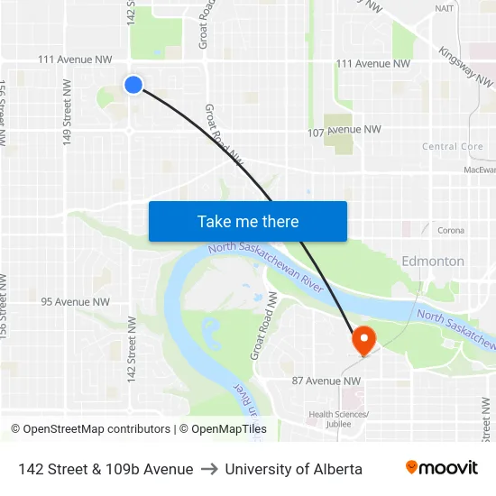 142 Street & 109b Avenue to University of Alberta map