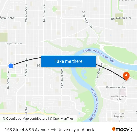 163 Street & 95 Avenue to University of Alberta map