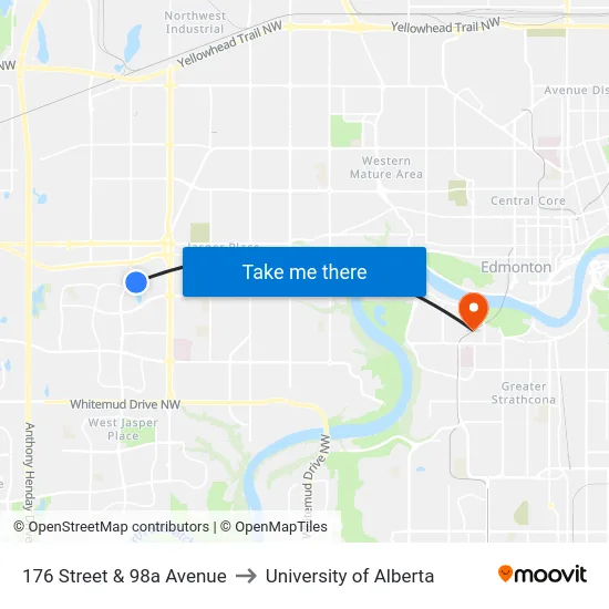 176 Street & 98a Avenue to University of Alberta map