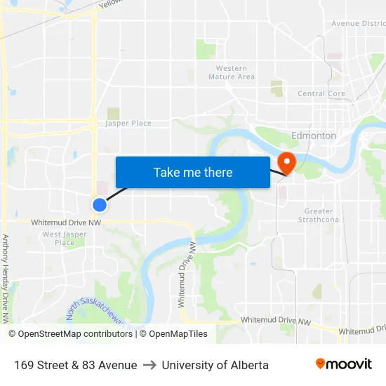 169 Street & 83 Avenue to University of Alberta map