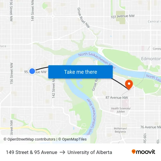 149 Street & 95 Avenue to University of Alberta map