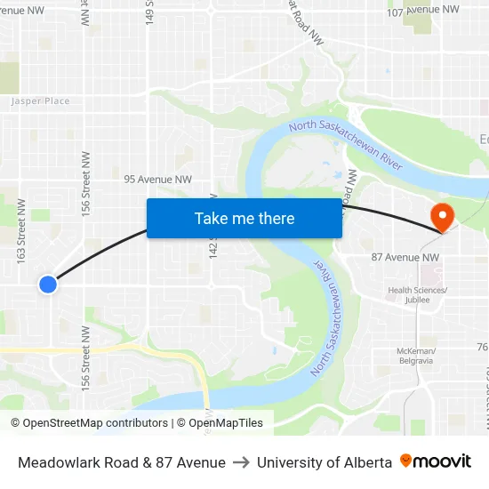 Meadowlark Road & 87 Avenue to University of Alberta map