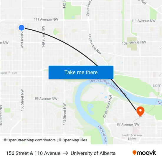 156 Street & 110 Avenue to University of Alberta map