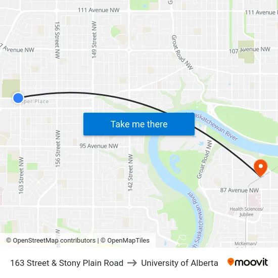 163 Street & Stony Plain Road to University of Alberta map