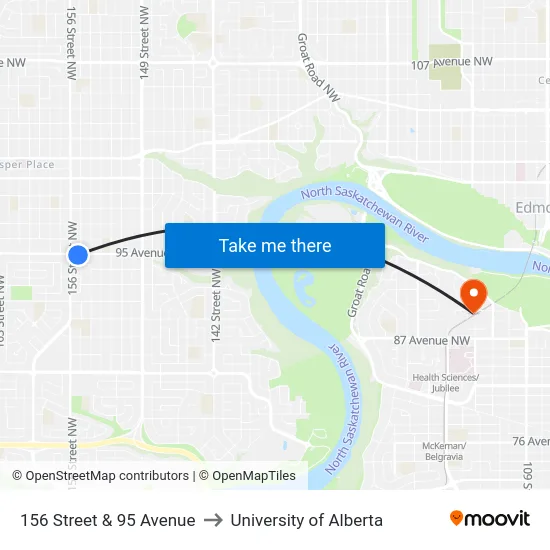 156 Street & 95 Avenue to University of Alberta map