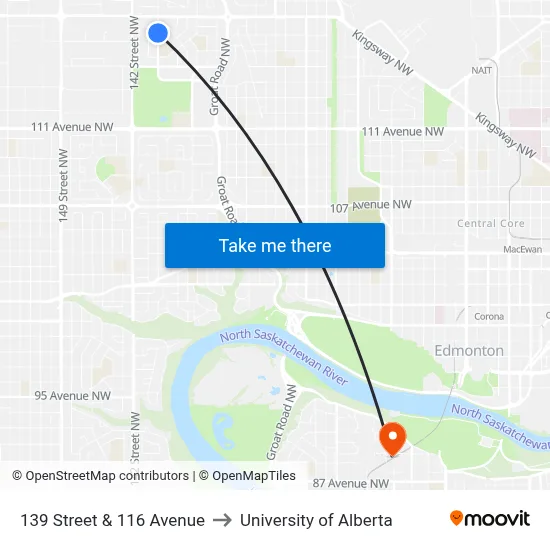 139 Street & 116 Avenue to University of Alberta map