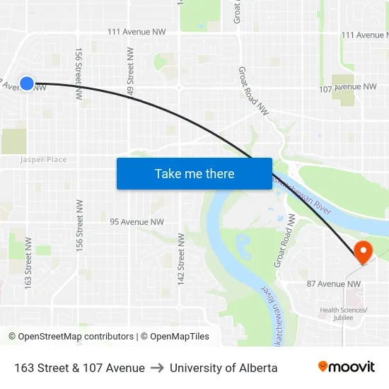 163 Street & 107 Avenue to University of Alberta map