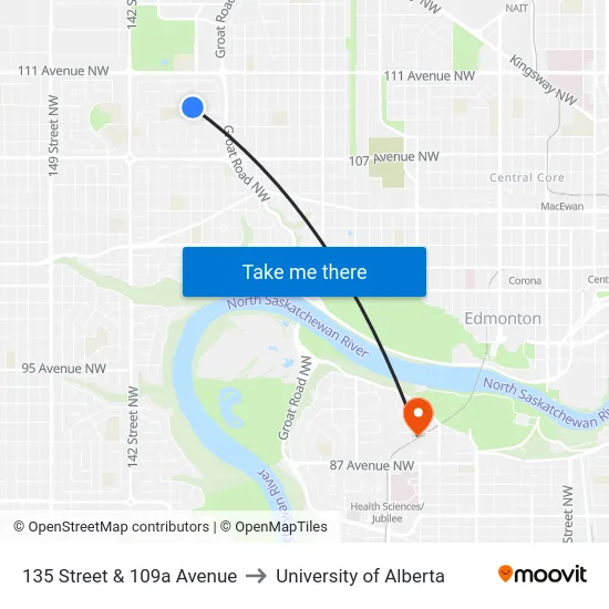 135 Street & 109a Avenue to University of Alberta map