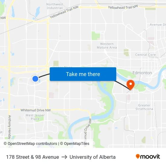 178 Street & 98 Avenue to University of Alberta map