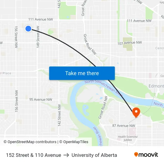 152 Street & 110 Avenue to University of Alberta map