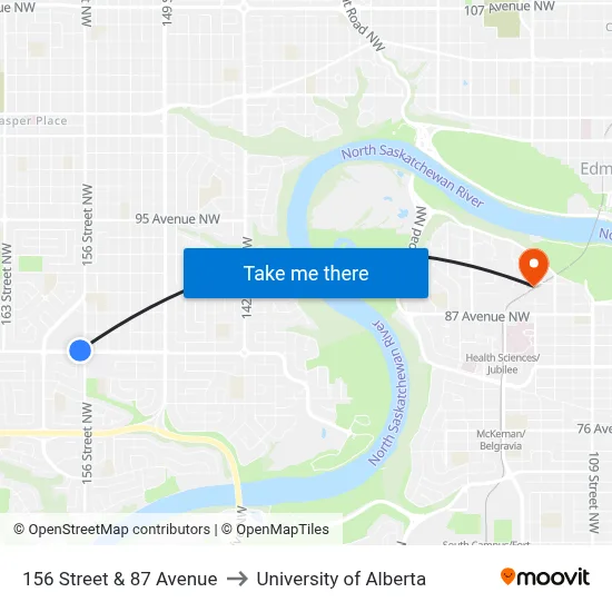 156 Street & 87 Avenue to University of Alberta map
