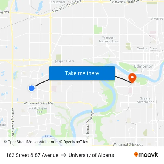 182 Street & 87 Avenue to University of Alberta map