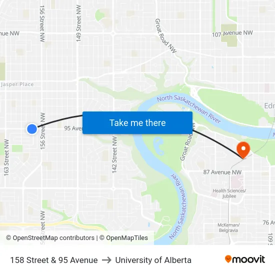 158 Street & 95 Avenue to University of Alberta map