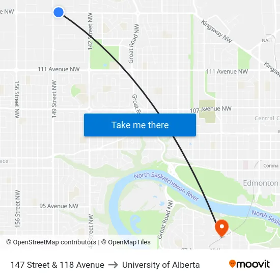 147 Street & 118 Avenue to University of Alberta map