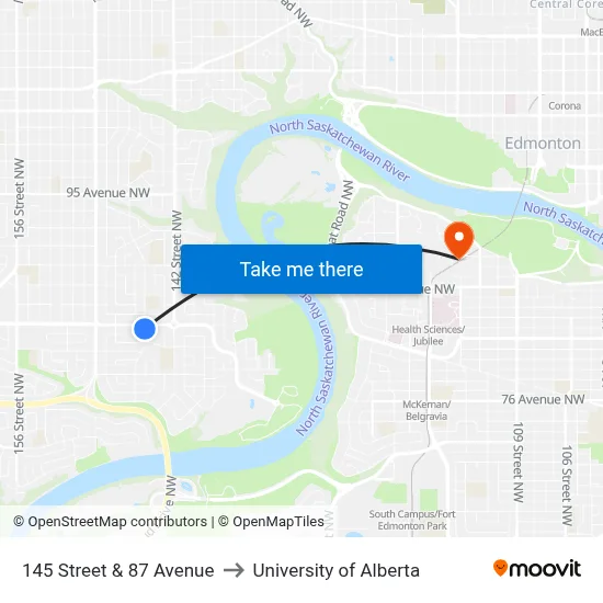 145 Street & 87 Avenue to University of Alberta map