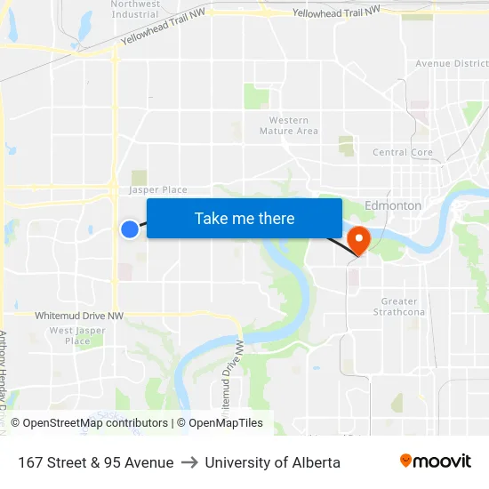 167 Street & 95 Avenue to University of Alberta map
