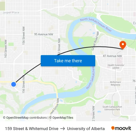 159 Street & Whitemud Drive to University of Alberta map