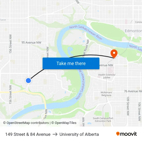 149 Street & 84 Avenue to University of Alberta map