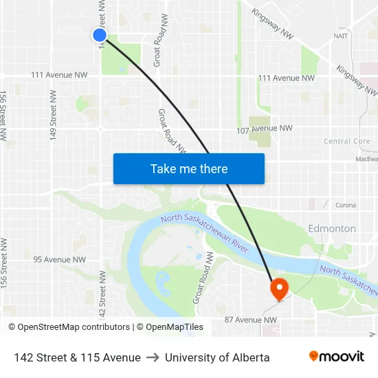 142 Street & 115 Avenue to University of Alberta map
