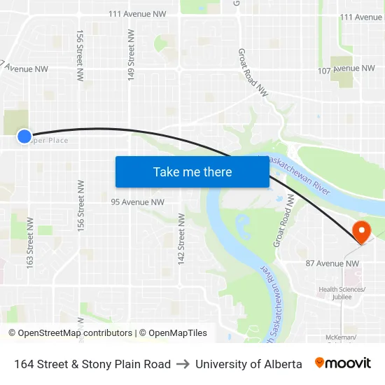164 Street & Stony Plain Road to University of Alberta map
