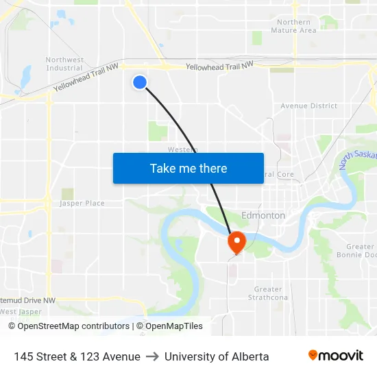 145 Street & 123 Avenue to University of Alberta map