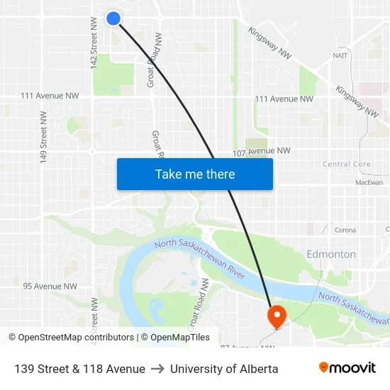 139 Street & 118 Avenue to University of Alberta map