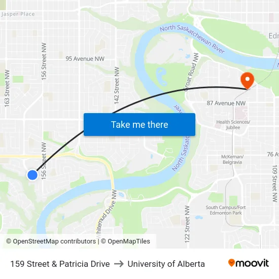159 Street & Patricia Drive to University of Alberta map