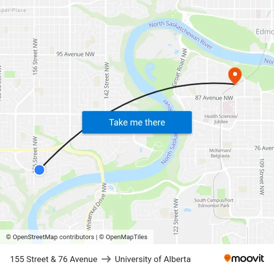 155 Street & 76 Avenue to University of Alberta map