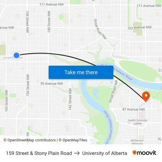 159 Street & Stony Plain Road to University of Alberta map