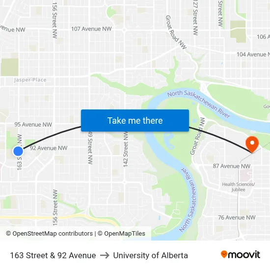 163 Street & 92 Avenue to University of Alberta map