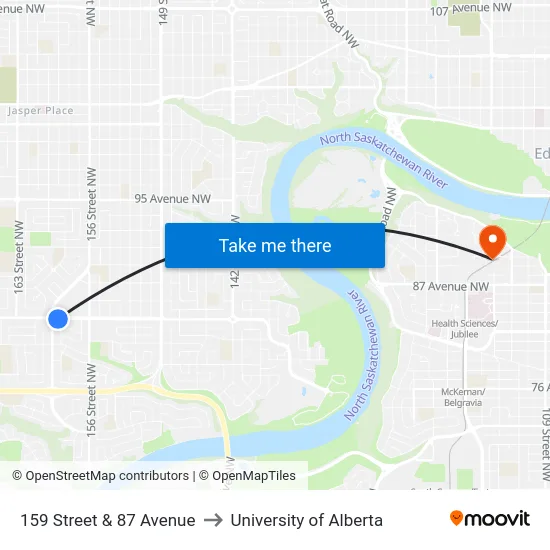 159 Street & 87 Avenue to University of Alberta map