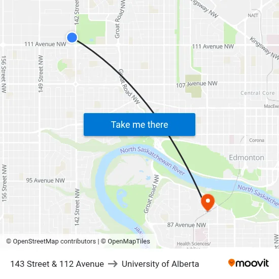 143 Street & 112 Avenue to University of Alberta map