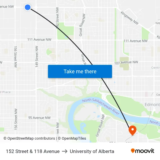 152 Street & 118 Avenue to University of Alberta map