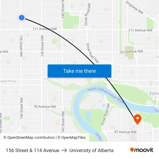 156 Street & 114 Avenue to University of Alberta map