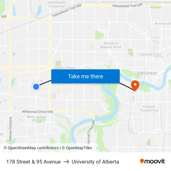 178 Street & 95 Avenue to University of Alberta map