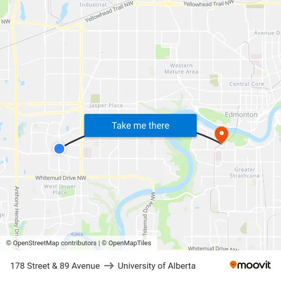 178 Street & 89 Avenue to University of Alberta map