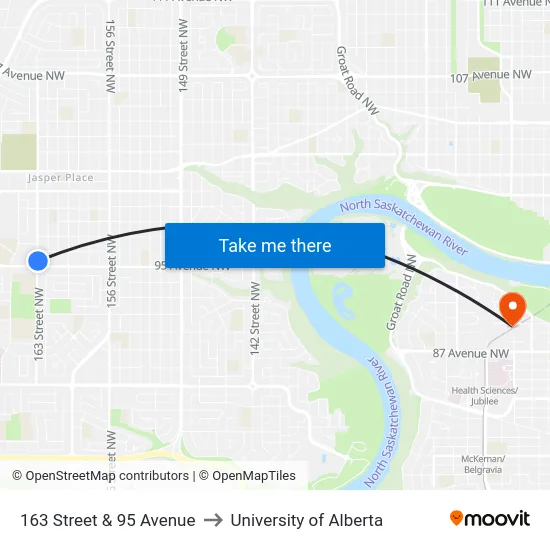 163 Street & 95 Avenue to University of Alberta map
