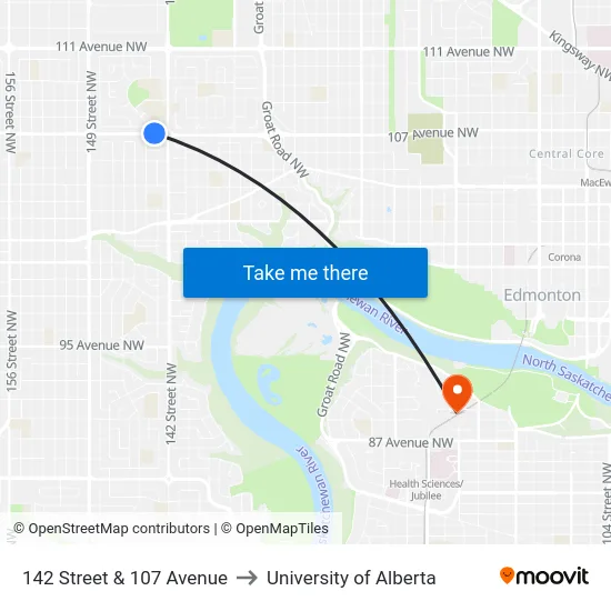 142 Street & 107 Avenue to University of Alberta map