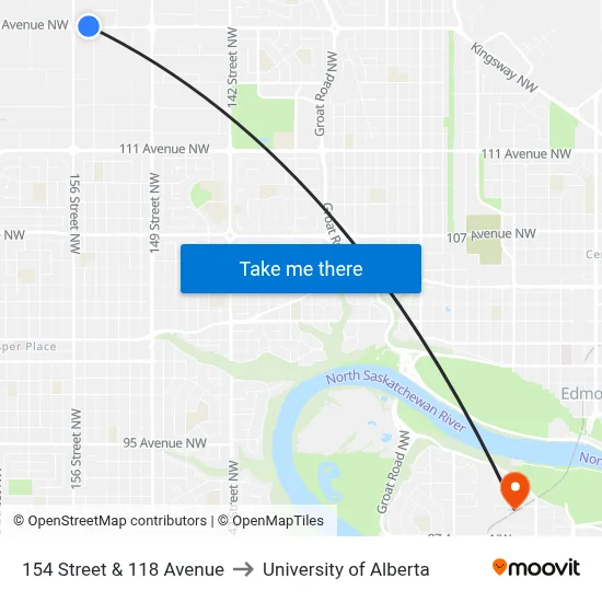 154 Street & 118 Avenue to University of Alberta map