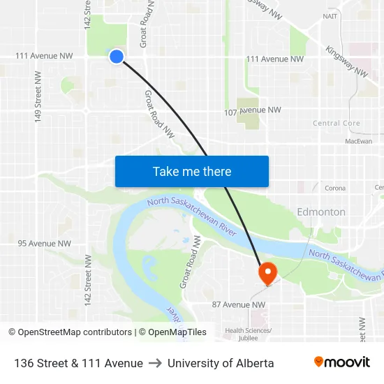 136 Street & 111 Avenue to University of Alberta map