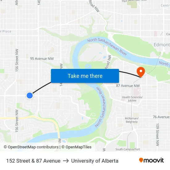 152 Street & 87 Avenue to University of Alberta map
