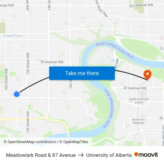 Meadowlark Road & 87 Avenue to University of Alberta map
