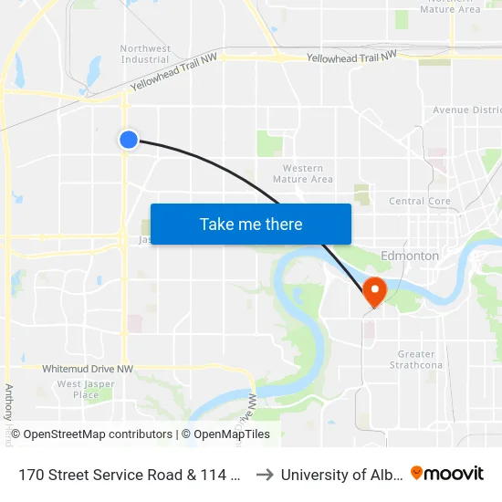 170 Street Service Road & 114 Avenue to University of Alberta map