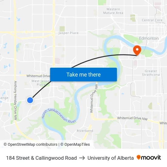 184 Street & Callingwood Road to University of Alberta map
