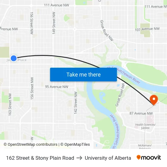 162 Street & Stony Plain Road to University of Alberta map
