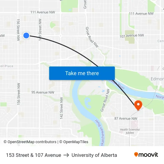 153 Street & 107 Avenue to University of Alberta map