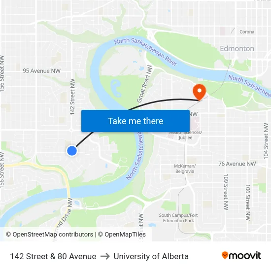 142 Street & 80 Avenue to University of Alberta map