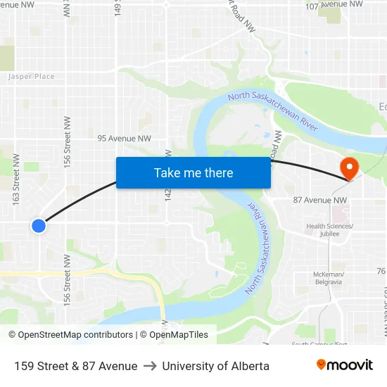 159 Street & 87 Avenue to University of Alberta map