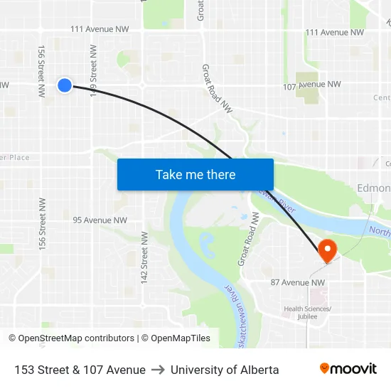 153 Street & 107 Avenue to University of Alberta map