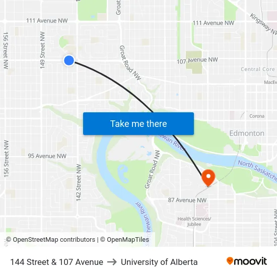 144 Street & 107 Avenue to University of Alberta map